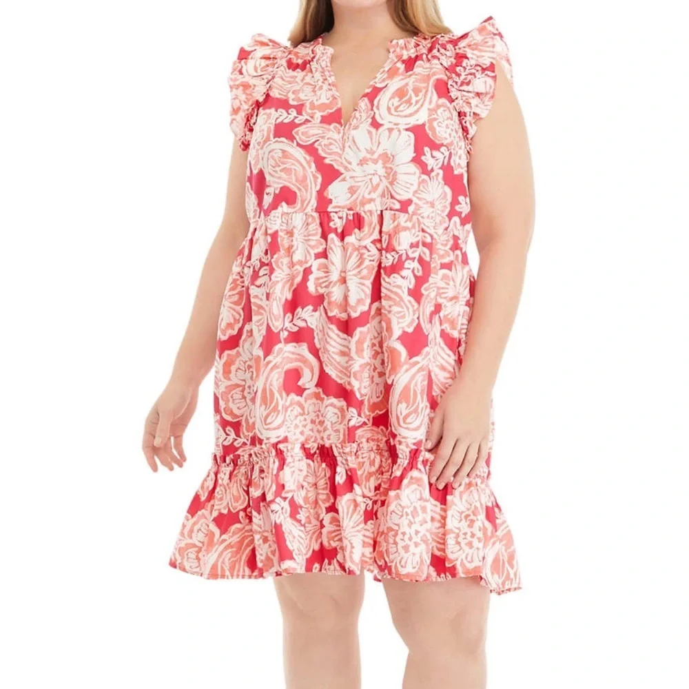 Crown & Ivy Coral and White Paisley Floral Flutter Sleeve Mini 1X Dress - Picture 1 of 8